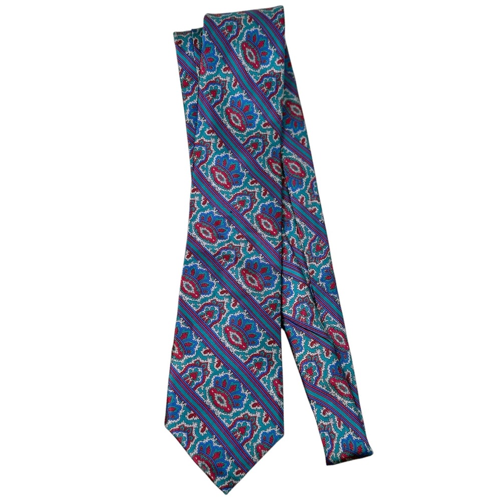 Mark Alexander Mens Silk Tie Teal Red Paisley Striped Vintage Necktie